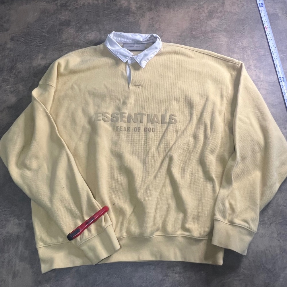Fear of God Essentials‎ Rugby Polo Mens S Yellow Waffle Knit Sweatshirt *STAINS*